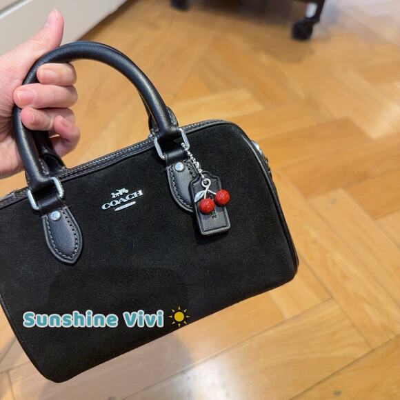 NWT Coach Mini Rowan Crossbody Bag With Cherry Charm In Suede/Sv/Black CDC93 - Picture 6 of 9